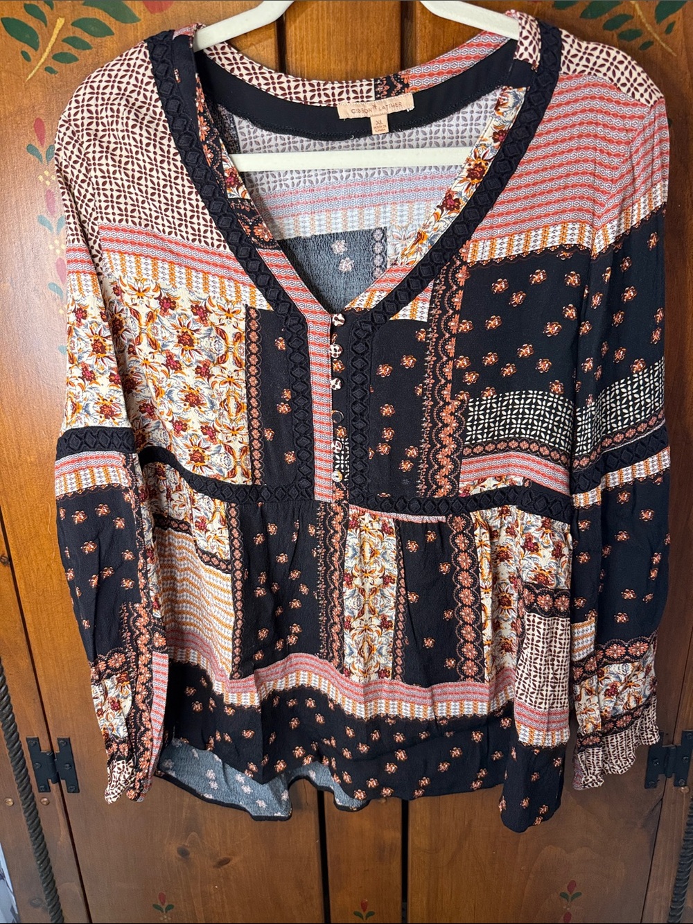 Gibson Latimer Black & Rust boho Patchwork V-Neck Tunic blouse sku30